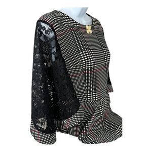 Arizona Houndstooth Plaid Baby Doll Peplum Blouse Lace Sleeves Size EU 42